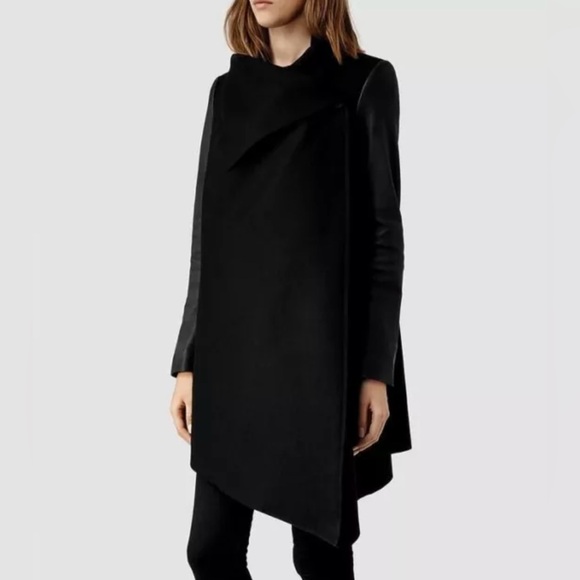 ALL SAINTS Hyde Monument Wool and Leather Blend Coat - Picture 4 of 15